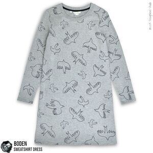 BODEN SWEATSHIRT DRESS IN GREY MARL WITH FLYING DOVES PRINT COTTON LONG SLEEVE